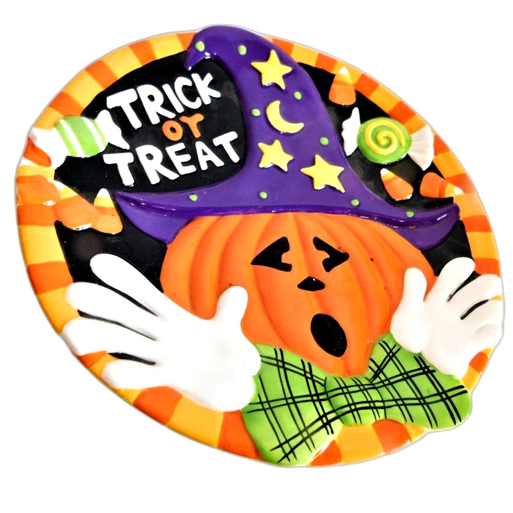 Vintage Halloween Trick Or Treat Pumpkin Plate Candy Dish Decor 9.5"